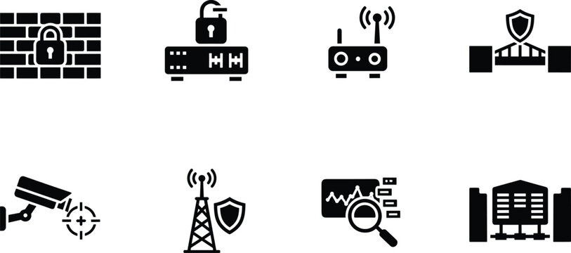 Network security and IT infrastructure black glyph icon set for cybersecurity and surveillance concepts