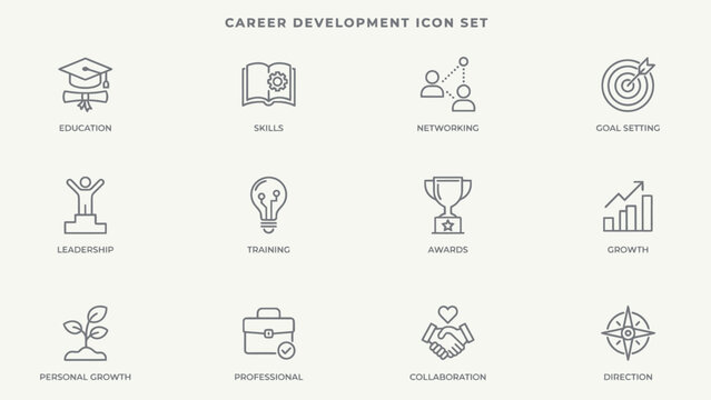 Minimal line style career development icons set with twelve different concepts . Vector Flat Illustration.