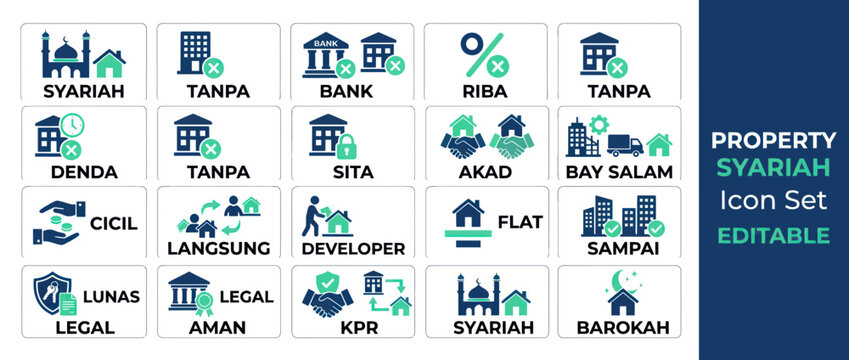 Sharia property and islamic banking icons for halal real estate