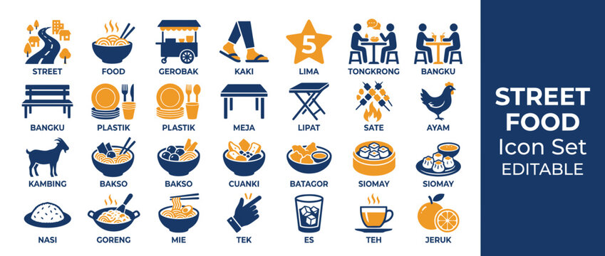 Indonesian street food icon set with traditional snacks and dishes