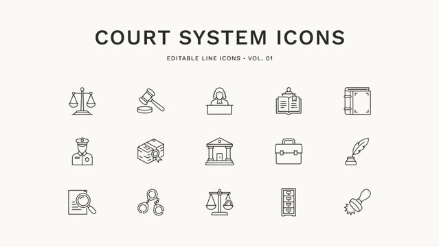 Set of editable court system icons featuring judge, lawyer, gavel, scales, and legal documents . Vector Flat Illustration.
