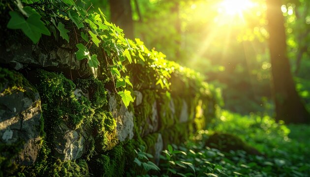 Moss-covered ancient stone wall with vibrant green vines bathed in warm, dappled sunlight