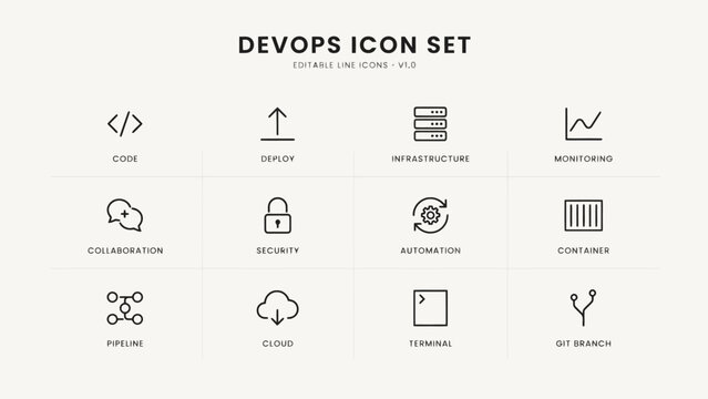 Set of twelve minimalist devops icons for infrastructure and software development . Vector Flat Illustration.