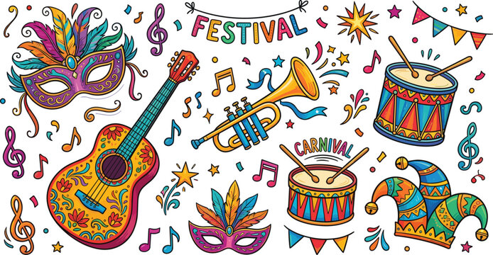 Colorful Carnival Festival Icon Set with Mask, Guitar, Trumpet, Drum and Jester Hat for Party, Music and Celebration Designs