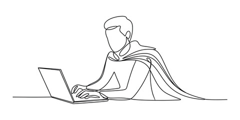 Continuous line drawing of a superhero typing on a laptop © Mr Ishan