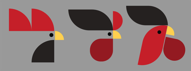 Creative geometric poultry illustration set featuring stylized chicken, rooster, and hen characters built from simple shapes and bold colors. This modern flat vector design combines minimalist geometr © sofian