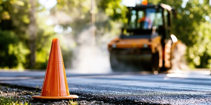 Orange traffic cone with road roller compactor paving asphalt with copy space