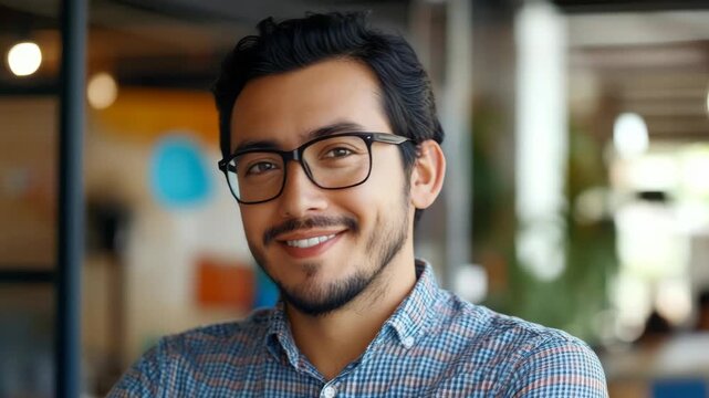 Young man in office attire with glasses and a beard smiling for the camera