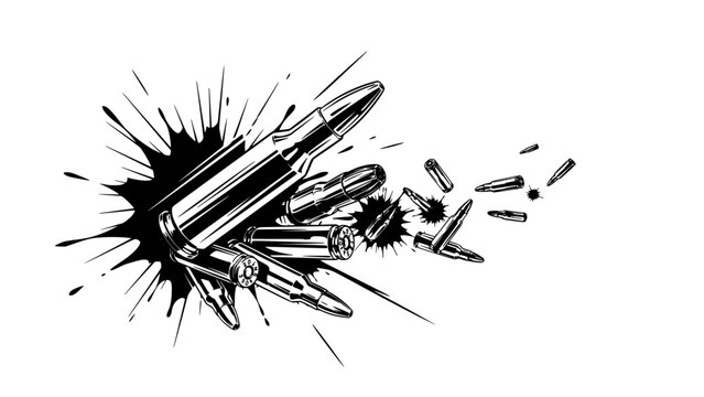 Bullet Cartridge Impact Illustration with Sharp Fragments and Comic Motion Lines, High-Detail Vector Style on White Background