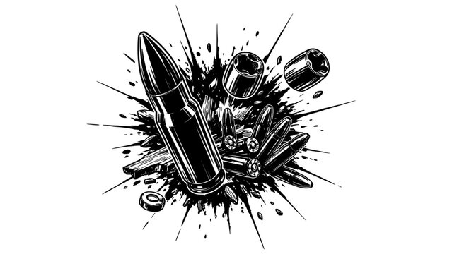 Bullet Casings Splatter with Ammunition Debris in Dynamic Monochrome Vector Style Concept Illustration