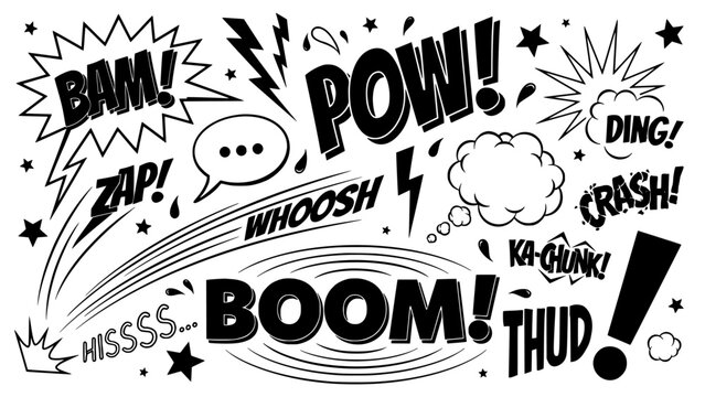 Speech Bubble Sound Effects Set with Comic Onomatopoeia Symbols and Explosive Action Accents on White Background