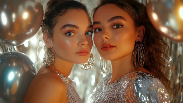 Two women posing in front of a disco ball with makeup
