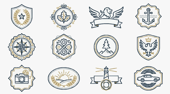 Dynamic Vintage Style Emblem Collection Featuring 12 Intricately Designed Badges with Gold and Blue Accents Including Stars Eagles Anchors Cameras Lighthouses and More