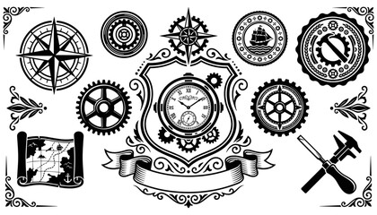 Steampunk Pocket Watch and Vintage Nautical Gear Vector Set on White Background © MstMomotaz