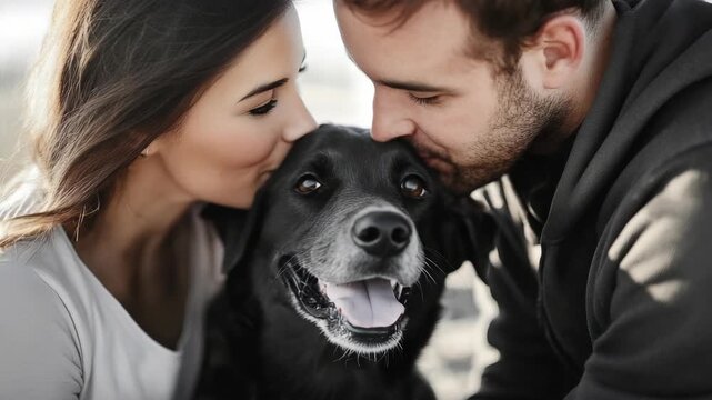 Happy Couple with Their Dog in a Field