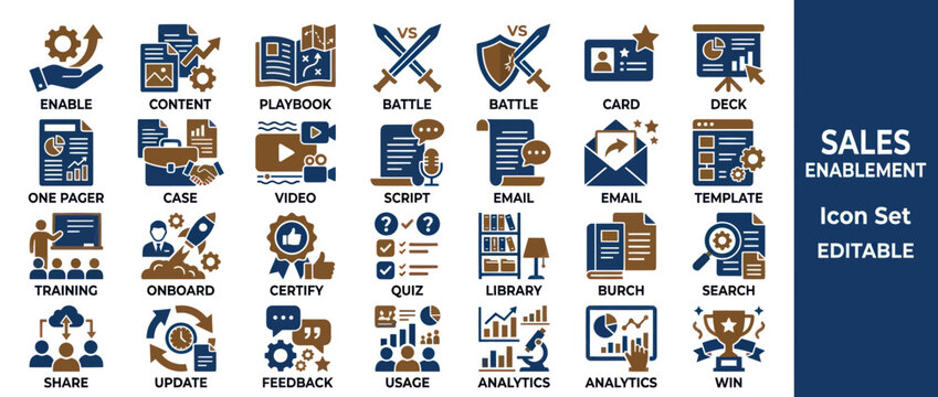 Sales enablement and business strategy marketing icon collection