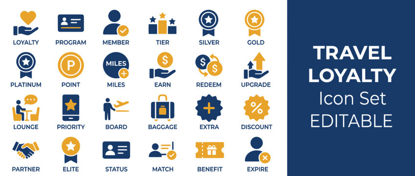 Travel loyalty icon set for airline and hotel rewards programs
