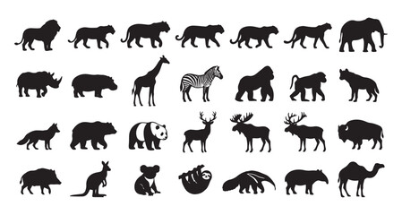 Fototapeta premium Wild Animals Silhouette Set - Black Safari and Forest Wildlife Vector Icons Collection Isolated on White