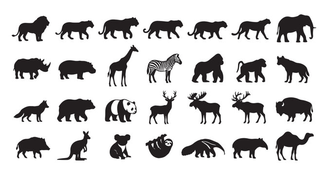 Wild Animals Silhouette Set - Black Safari and Forest Wildlife Vector Icons Collection Isolated on White