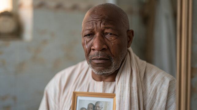 Nigerian man in his fifties stands at a bathroom mirror, tears on his cheeks, a framed family photograph held to his chest, cultural expectation and emotional release converging,