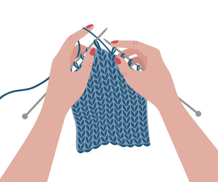 Hands knitting with needles and blue yarn - DIY craft, handmade and knitting hobby vector illustration.