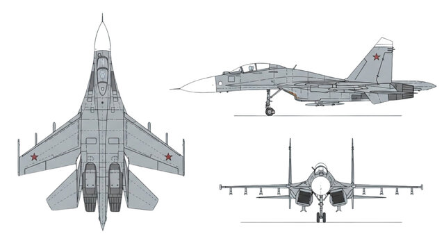 2D AutoCAD Vector drawing of a fighter jet from multiple angles