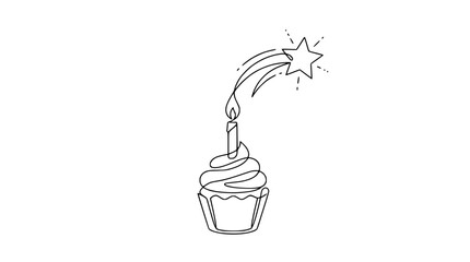 Minimalist single line drawing of a birthday cupcake with a shooting star candle. © Papa