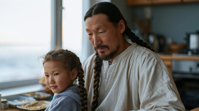 Kazakh single father braids his young daughter's hair before school, still in his pajamas, lunch box open and unfinished beside him, parenting exhaustion mixed with love, modest