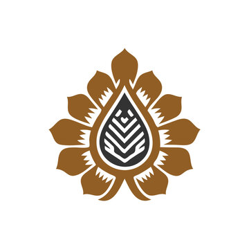 Decorative floral mandala emblem with stylized brown petals and a geometric center icon on white background