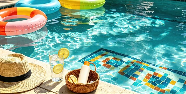 Summer poolside scene, Ideal for resort hotel marketing, vacation travel brochures, skincare ad layouts, summer social media banners and pool party flyer templates.