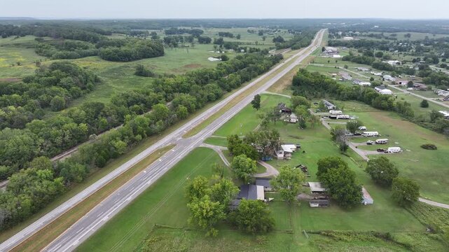 Aerial view of the green fields along Route 66 in Oklahoma, USA