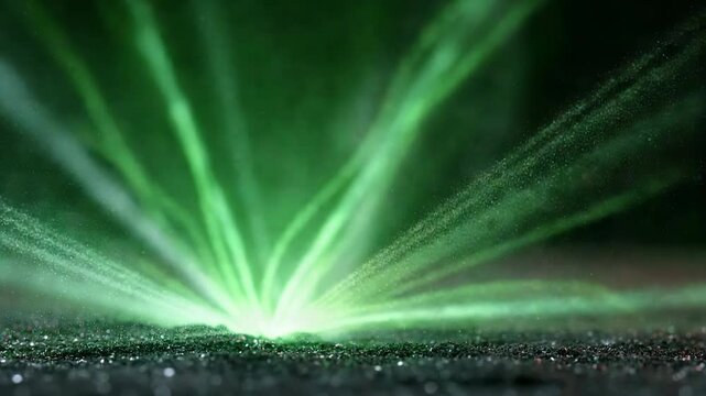 Green light beams erupting over dark ground surface