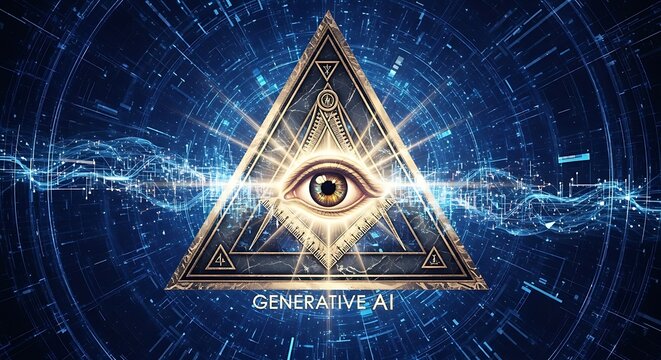 Futuristic Eye in Triangle Symbol with Digital Data Streams.