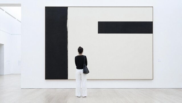 Woman Looking at Large Abstract Minimalist Painting in a Modern Art Gallery Museum