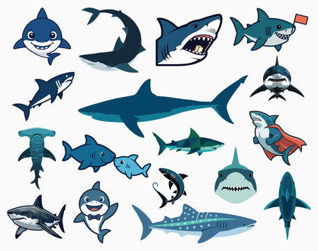 Shark clipart bundle set, Cute cartoon sharks flat vector illustration bundle