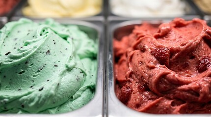 Obraz premium Close up of two metal containers filled with scoops of mint chocolate chip and strawberry ice cream in a display freezer at an ice cream shop