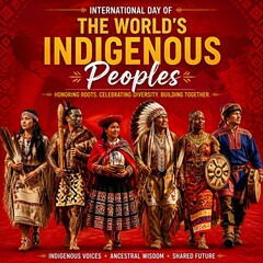 Obraz premium International Day of the World's Indigenous Peoples Poster with Diverse Characters in Authentic Costumes