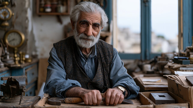 Iranian man in his sixties packs personal items from a longtime trade workshop into cardboard boxes, hands lingering on a well-worn tool, job loss and career identity converging,
