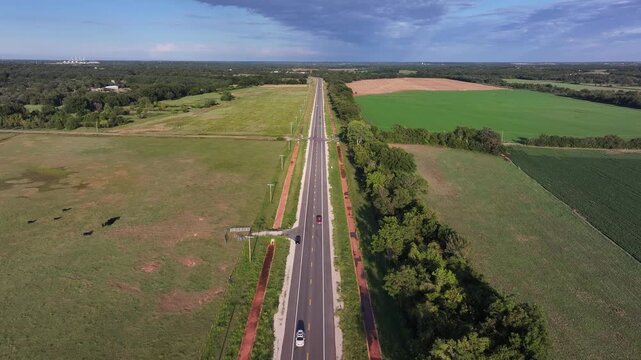 Aerial view of the green fields along Route 66 in Oklahoma, USA