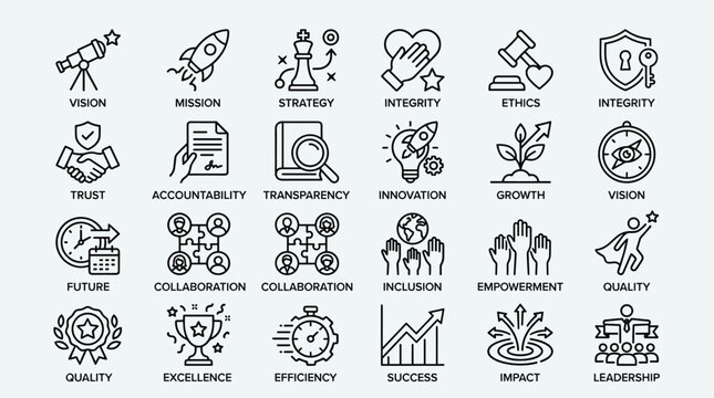 Corporate core values and professional business strategy icons featuring mission vision integrity trust accountability innovation collaboration empowerment success.