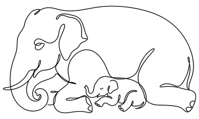 Continuous line drawing of an elephant family with a baby elephant sleeping © SIDDIK