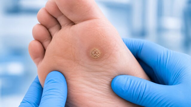 Dermatologist examining plantar wart on foot sole of woman. Medical doctor checking skin condition with gloved hand in clinic. Podiatry treatment of wart, dermatology healthcare concept.