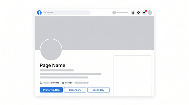 Facebook social media profile interface mockup. Business page template with cover photo, avatar placeholder, follower count, and primary buttons. UI.
