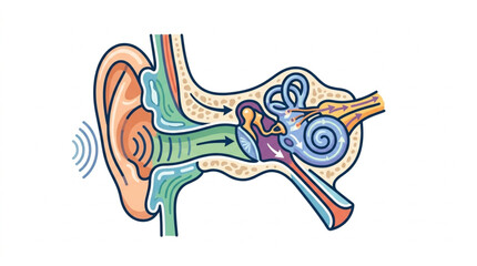 Detailed illustration of the human ear anatomy and sound wave transmission. © parunten