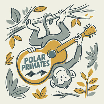 Polar primates rocking the jungle. Graphic print design for t shirt. Monkey hanging upside down playing guitar. Minimalist hand drawn vector illustration.