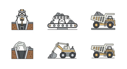Construction and mining vehicle icons set. © Lim