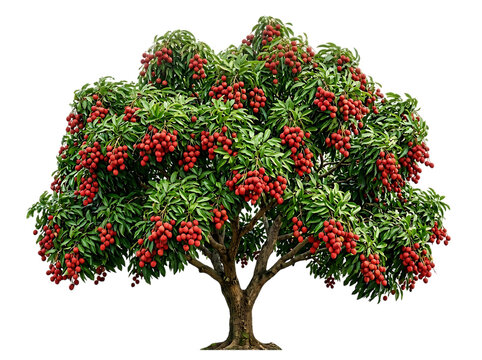 Ripe lychee tree laden with abundant red fruit during daylight with lush green foliage
