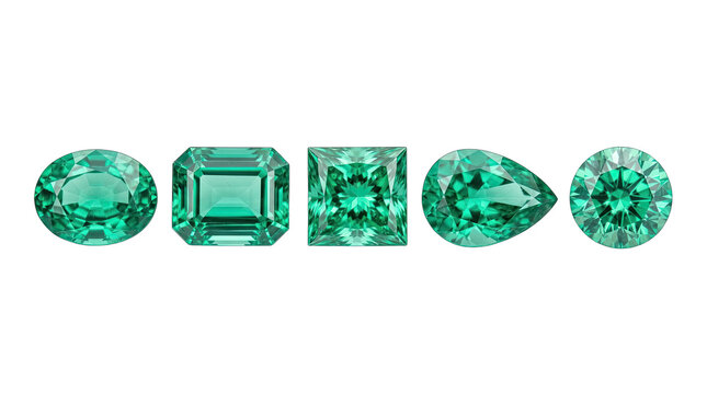 Five emerald cut gemstones isolated on transparent background
