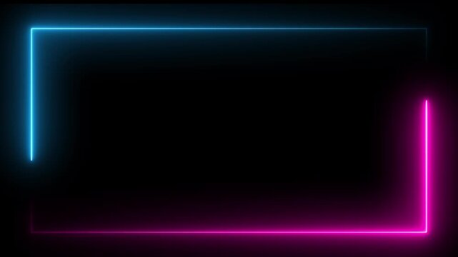 Glowing purple neon rectangular border frame overlay animation, Minimalist white neon glowing rectangular frame animation on black background,
white laser effect neon glowing frame background. 