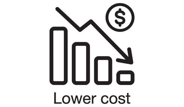 Cost Reduction Bar Chart Icon with Downward Arrow and Dollar Sign, Line Art Isolated on White